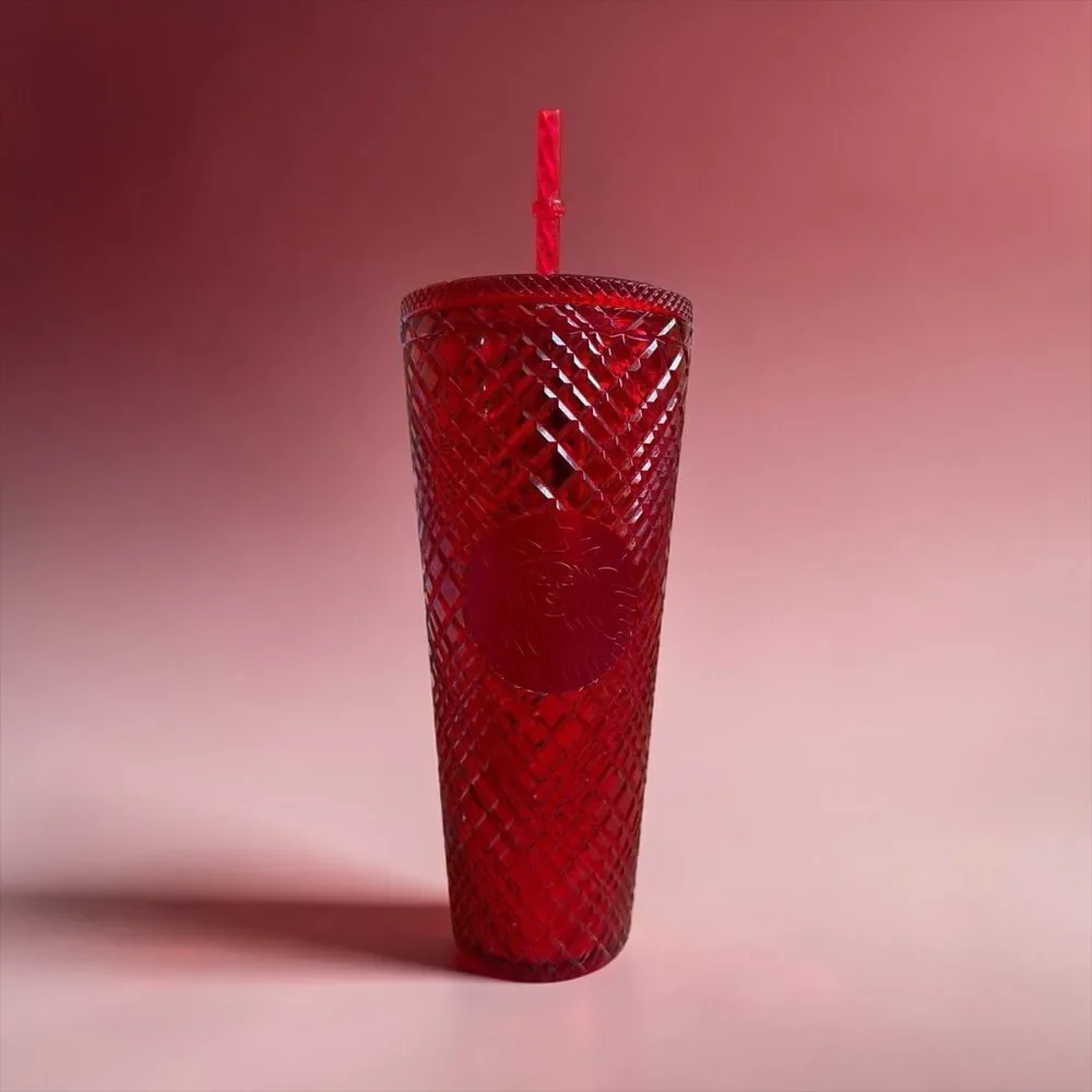 Starbucks 2021 Red Jeweled Holiday Tumbler Grid Textured Lid Straw Venti 24oz